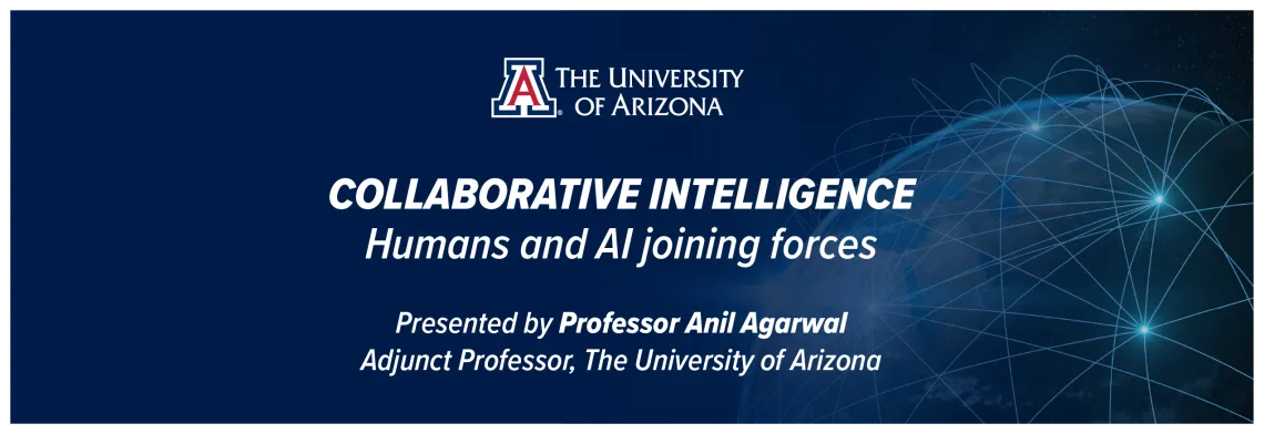 Blue image with a sphere dotted by electric impulses listing UArizona logo and event details