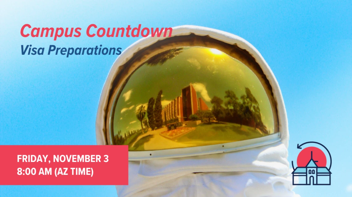 Astronaut in space suit with event details in text overlay