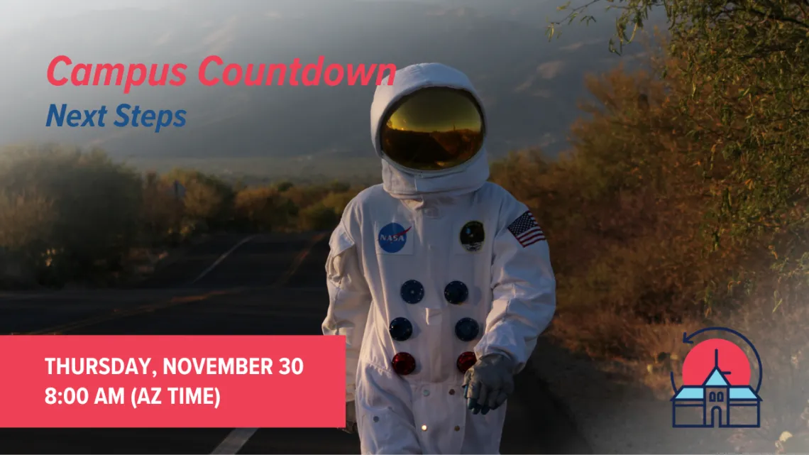 Astronaut in space suit with event details in text overlay