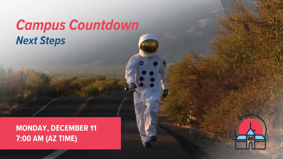 Astronaut in space suit with event details in text overlay