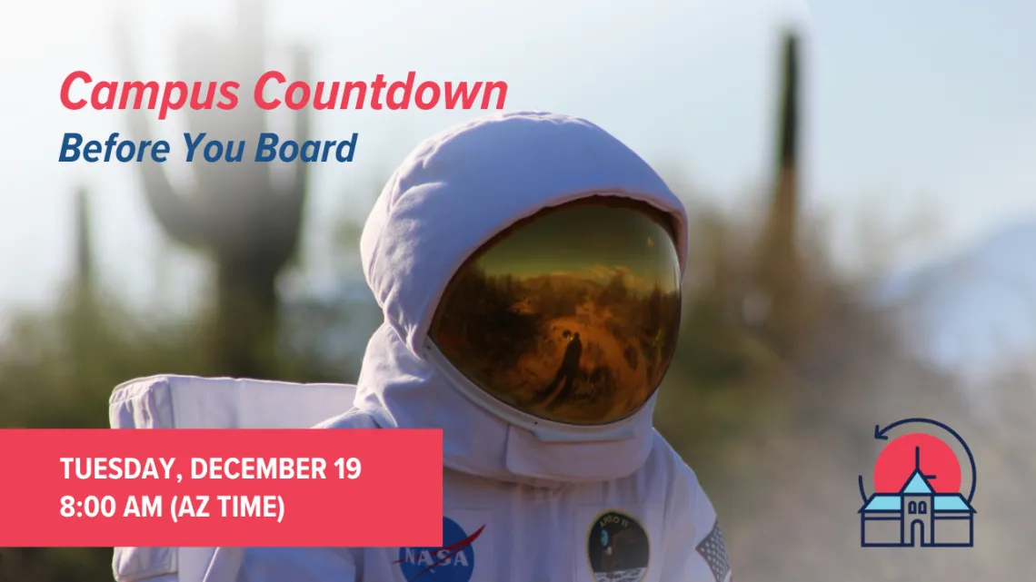 Astronaut in space suit with event details in text overlay