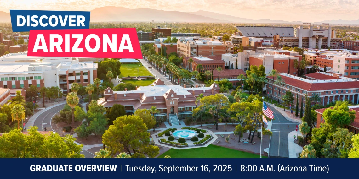 Aerial view of the University of Arizona campus with event details text